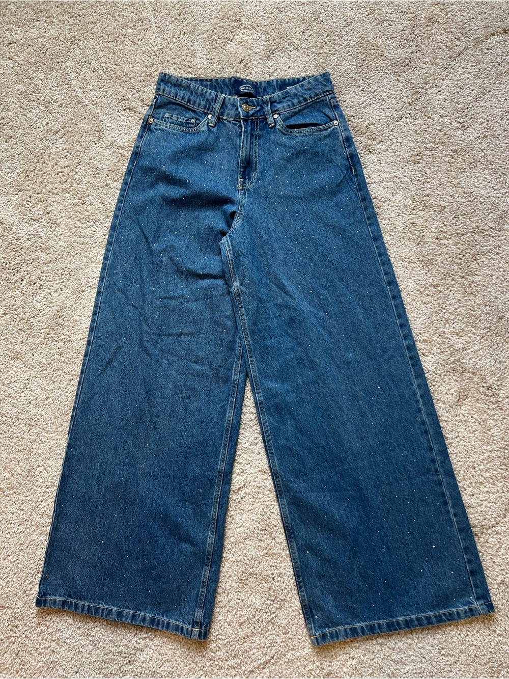 Y2K Wide Leg Rhinestone Embellished Jeans Dark Wash High Rise Denim Pants